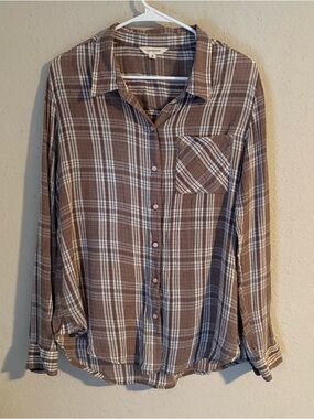 Lucky Brand Women’s Plaid Button-Up Shirt - Brown & White